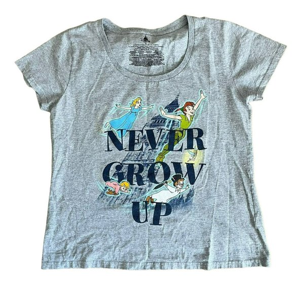 Disney Stores Peter Pan T-shirt Gray XL Never Grow Up Scoop Neck Short Sleeve - Picture 1 of 5